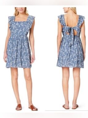 ❤️6 Wallflower Blue Floral Cottagecore Dress L Flutter Sleeve Tie Back Mini